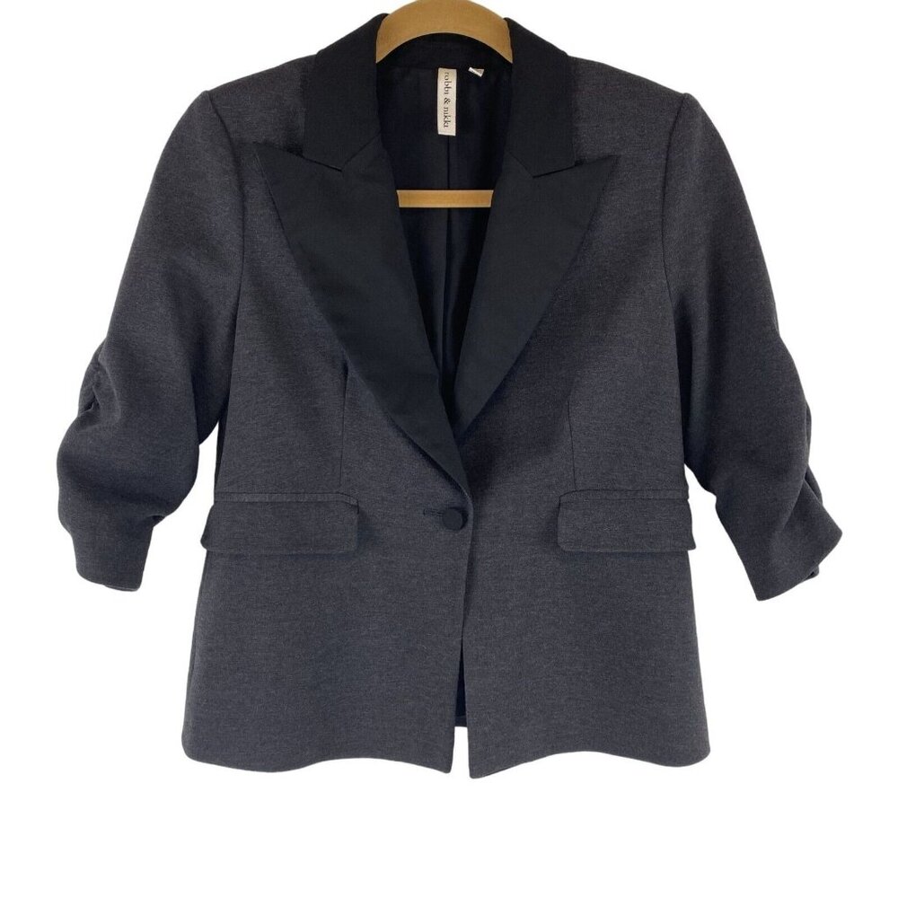 Womens Small Gray Black Vintage Inspired Classic Preppy Blazer Rouched Sleeves